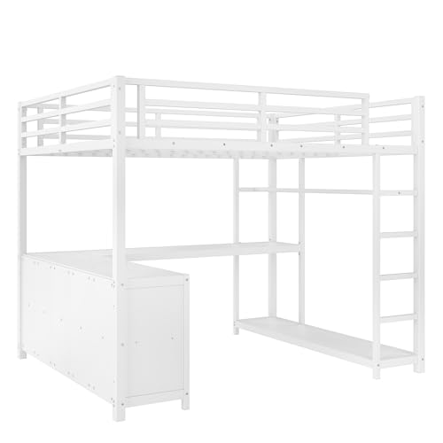 Image of Bellemave Queen loft Bed with L Desk, Wardrobe, Metal Queen Size Loft Bed Frame for Adults, Kids, Teens, White