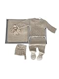 Genérico Conjunto de Punto para Bebé de 4 Piezas, Camel, Incluye Suéter, Pantalón con Pies, Gorro y Manta, Set de Regalo en Caja, talla única 0a 3meses. Primera puesta. Primavera. Hilo