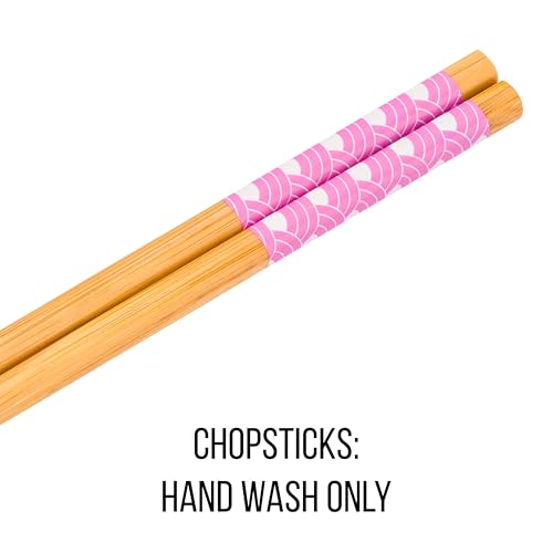 Silver Buffalo Sanrio Hello Kitty Pink and Gold Japanese Pattern with Flowers Ceramic Ramen Noodle Rice Bowl with Chopsticks, Microwave Safe, 30 Ounces