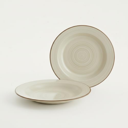 Image of Ceramic Pasta Bowls Set of 2 | 7 Inch Handmade Deep Soup Plates | Microwave Oven Safe Serving Bowls | Floral Hand-Painted Stoneware Salad Bowls (2, Beige)