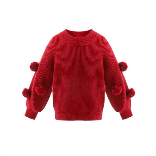 Yartina Toddler Girls Ribbed Knitted Sweater Solid Color Scoop Neck Poms Pullover Knitwear for Fall Winter