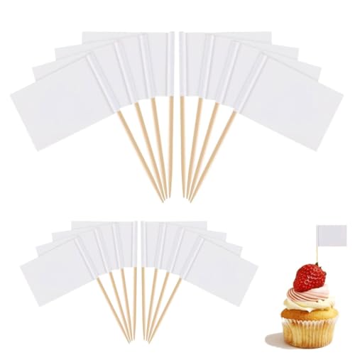 LEEQ 100pcs Bandera con Palillos - Banderas en Blanco, Diseño de Banderas de Queso Alimento Bandera de Palo de Etiquetar para Cupcakes, Comidas, Frutas, Decoraciones de Fiesta
