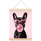 Colorful Dog Wall Decor Black French Bulldog Wall Art Funny Dog Pictures with Pink Heart Sunglasses Blowing Bubble Gum Cute Animal Posters for Living Room Bedroom 12x16inch Framed
