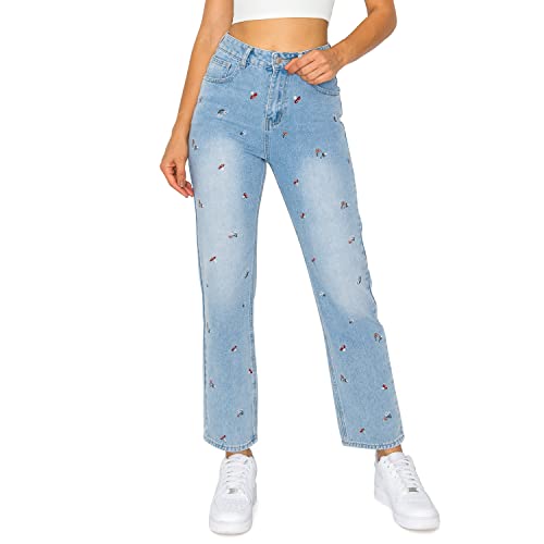 KHAKI & BLUE Women's Denim Pants – High Waisted All-Over Embroidery Straight Leg Casual Comfy Jeans