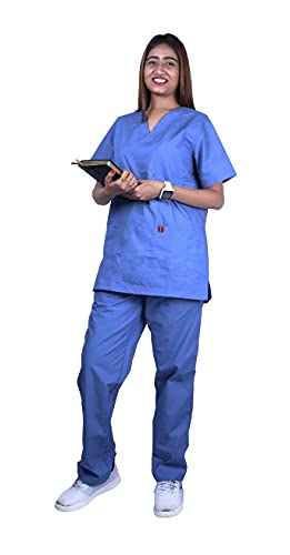 Image of Unisex V-Neck Polyester Cotton Medical Scrub Suit for Doctors, Top and Bottom with 6 Pockets, Triple Needle Stitch Top, Size 34 - XS, Ceil Blue. BLUE.