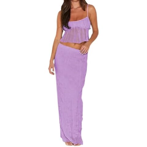 Two Piece Skirt Outfits for Women Summer Spaghetti Strap Ruffle Tops Bodycon Maxi Dress Y2K Vacation Set Purple L Cover