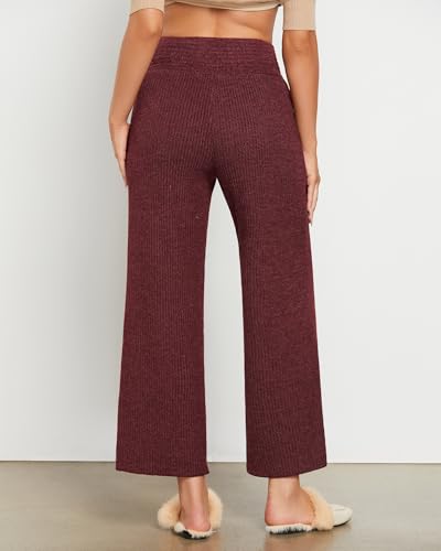 GRAPENT Ribbed Wide Leg Pants Woman High Waisted Pull On Lounge Fleece Knit Fall Smocked Elastic Waist Pants with Pocket2