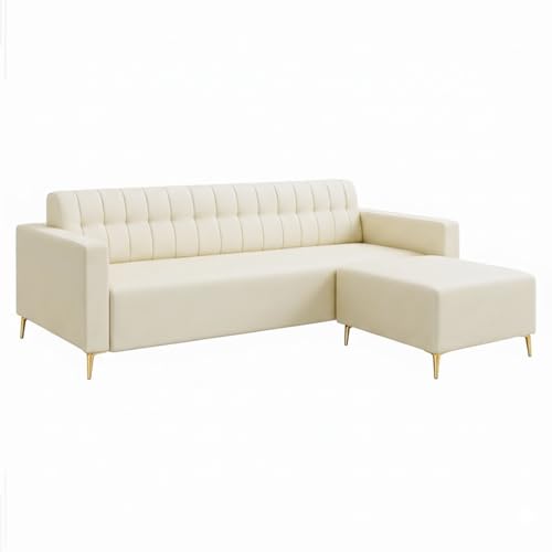 Image of SOCOZI Anton 3 Seater Modular L Shape Sofa Set with Ottoman |Premium Leatherette Fabric with Golden Metal Legs | Modern Design | Plush Comfort Cushions for Living Room (Cream Leatherette)