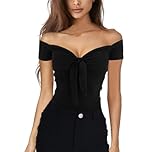EMOTTOS Women's Y2K Crop Tops, Short Sleeve Off Shoulder Top V Neck Bowknot Slim Fit for Ladies, Sweetheart Neckline Basic T-Shirt Casual Club Party Streetwear for Spring Summer Autumn, Black L