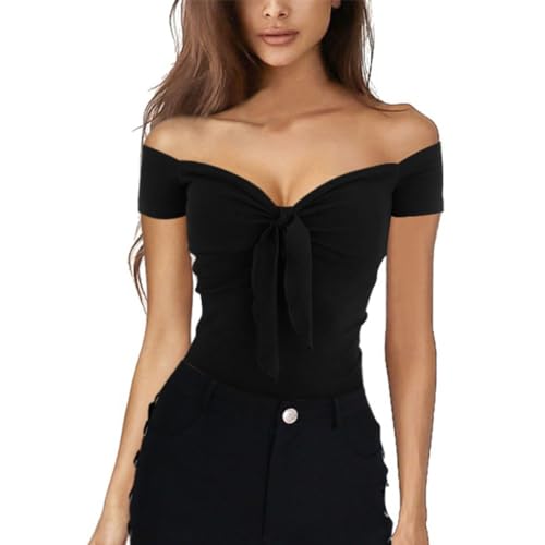 EMOTTOS Damen Y2K Top T-Shirt, Crop Tops Schulterfrei V Ausschnitt...