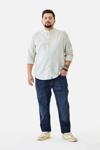 Image of SNITCH Men Casual Plus Size Shirt | Regular Fit Full Sleeve Mandarin Collar Striped Design | Premium Cotton Linen Blend & Breathable Fabric for Office & Everyday Wear