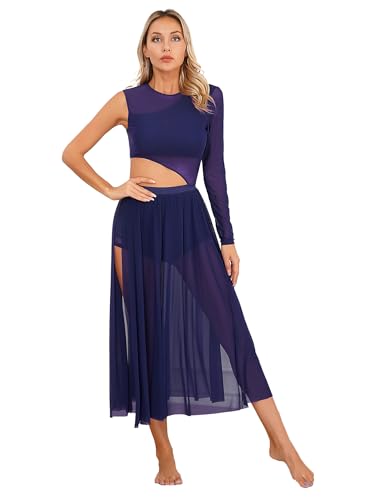 CHICTRY Lyrisches Kleid Damen Tanzkleid Modern Dance Standard EIN Schulter Ballettkleid Cut Out Ballettanzug Mit Chiffon Schlitz Rock Dancewear Navy...