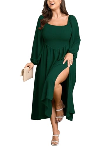 SCOMCHIC Women's Plus Size Fall Dresses Long Sleeve Square Neck Smocked Flowy A-Line Formal Wedding Guest Maxi Dress Emerald Green