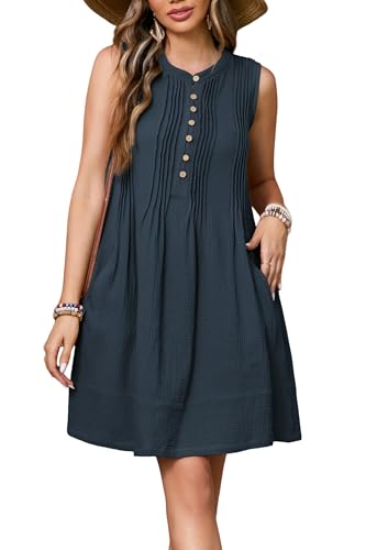 Image of R.Vivimos Sleeveless Cotton Casual Dresses for Women Summer 2026 Button Up Ruched Loose Tunic Mini Dress with Pockets