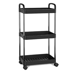 3 Tier Storage Trolley Cart on Wheels, Slim Rolling Utility Cart with Handle, Mobile Storage Shelving Organizer for Kitchen, Bathroom, Laundry Room, Bedroom, Narrow Places, Plastic (Black)