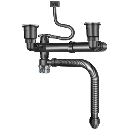 Doble Sifón Lavabo, Ajustable Ahorra Espacio Sifon Cocina para Fregadero en PP, con Tubo de Drenaje Retráctil y Conexiones de 4 Vías, Antibloqueo y Resistente a Olores, para Cocina (Negro)