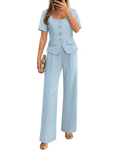 ZESICA Women's Two Pieces Suits Set Business Casual Outfits LightBlue L