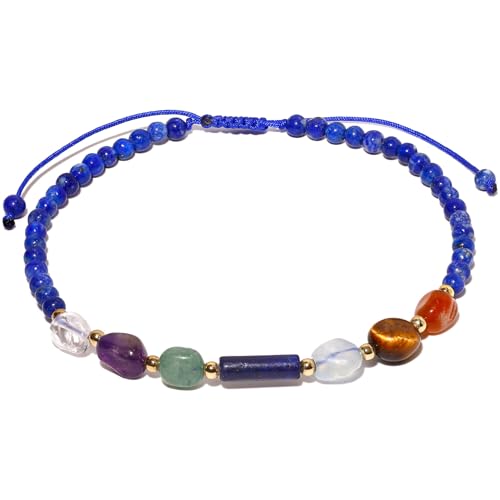 Wizock Cavigliera da donna con lapislazzuli in pietra martellata dai 7 chakra colorati, Pietra Rame, Lapislazzuli