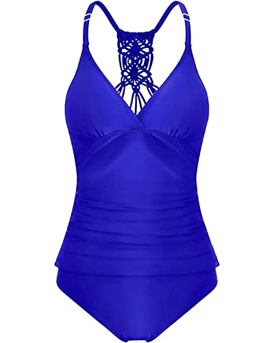 Holipick Women Royal Blue Tummy Control Two Piece Tankini Set Swimsuit V Neck Tankini Top Bathing Suits With Bikini Bottom M(Us 8-10) #TOP4