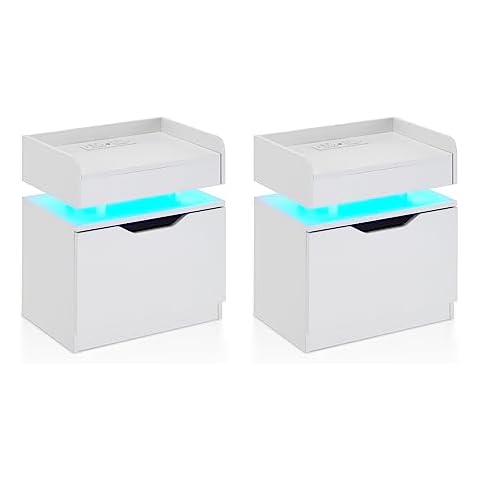 TUKAILAi White Bedside Table with LED Light Cover