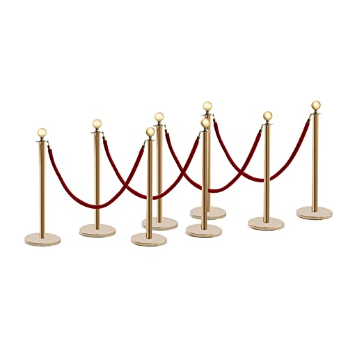 Stanchions and Velvet Ropes, 8 PCS Stainless Steel Stanchion Post Queue, Crowd Control Stanchion Gold Posts Set with 5 ft Velvet Carpet Ropes and Poles Crowd Control Barriers Rubber Base Set