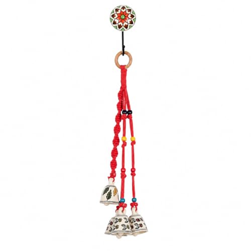 Image of KAAMERI BAZAAR Macrame Wind Chimes Enhance Living Space for Diwali (4 Bells, 1 Ring Tied with Red Macrame Thread)