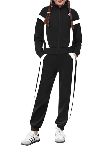 Zaclotre Girl's 2 Piece Outfits Zip Up Sweatsuit Contrast Striped Sweatshirt Sweatpant Sets Jogging Track Suit