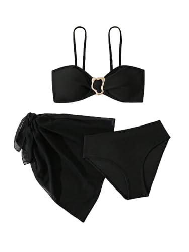 SweatyRocks Girl's 3 Piece Swimsuit High Waist Spaghetti Strap Bathing Suit with Mesh Sarong Wraps