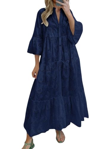 Image of chouyatou Women's 2026 Lace Eyelet Embroidery Maxi Dress V-Neck Trumpet Sleeve Boho Flowy Swing Dress