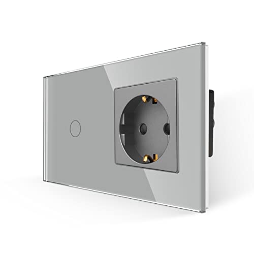 JIMEIDA Steckdose mit Lichtschalter Grau, Glas Touch Lichtschalter mit Schuko Steckdose Unterputz, 1-Fach 1-Poliger Wandschalter mit Status-LED, 500 W/Fach Cover