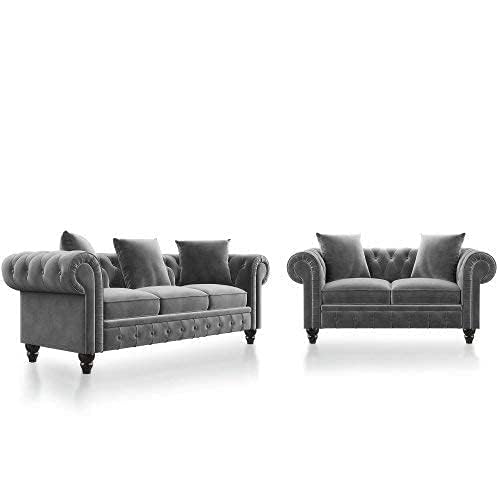 Expert Wood Art 3+2=5 Modern Classic Chesterfield Sofa Engineered Wood Button Tufted Five Seater Sofa Set Luxury for Home Living Room, Hallway & Office (Grey)