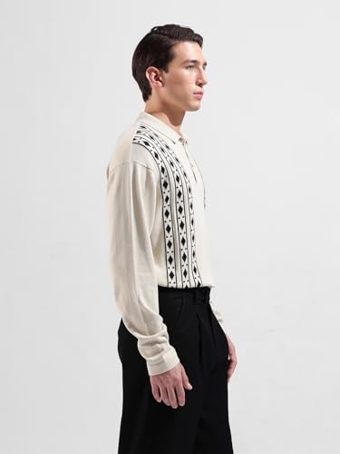 Image of The Indian Garage Co Men Oversized Fit Textured Flatknit Long Sleeve Polo T-Shirt