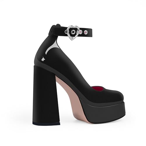 Women's Platform High Block Heel Pumps Ankle Strap Heart Buckle Square Toe Patent Leather Party Prom Dress Shoes3