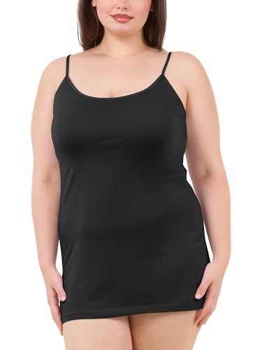 Image of Long Cotton Camisole Tank Tops for Women | Basic Braless Layering Tops with Adjustable Spaghetti Straps