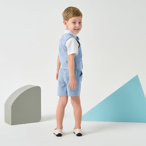 Image of Volunboy Baby Boys Summer Suits Short Sleeve Wedding Ring Bearer Outfits 4Pcs Graduation Dress Vest Shirt Bowtie Shorts Set
