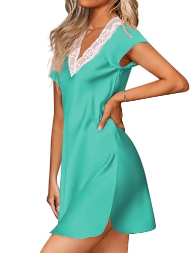 Image of Ekouaer Satin Nightgowns for Women Lace Nightgown Short Sleeve Nightshirt | Satin Night Gowns Women Sexy, Short Sleeves Night Dress, Lace V Neck, Above Knee Length, Cocktail Dates,Bridal Nightgowns