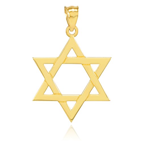 14K Yellow Gold Traditional Jewish Six Pointed Star Of David Magen David Hexagram Pendant Necklace (Large), 22" #TOP1