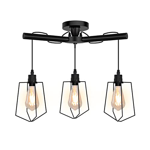 Lámpara Techo Colgantes de Madera, Lamparas de Techo Retro, 3 Luces E27 Lámpara Colgante Techo para Comedor, Sala, Cuarto, Balcón (No incluido Bombillas) (Negro) Cover