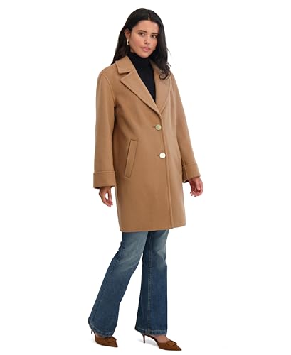 Image of TAHARI Womens Relaxed Double-faced Soft Wool Topper Coat With Front Buttons, Roll Cuffs & Pick Stitch Detail