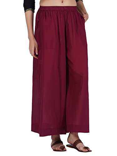 Image of fabcoast Loose Fit Palazzo Pants for Women A-Line Flared Wide Leg Summer Ethnic wear Pure Cotton Cambric with Full Elastic Waistband and 2 Side Pockets