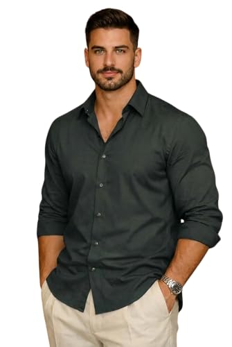 Image of IndoPrimo Men's Cotton Shirt with Stylish Full Sleeves Spread Collared Neck Solid Pattern Western Style Classic Fit and Standard Length | Casual Shirt for Man