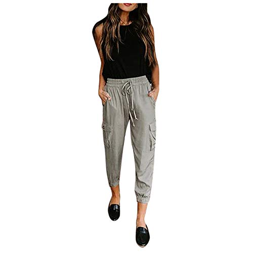 OutTop Cargo Pants for Women Casual Relaxed Fit Elastic Waist Drawstring Sweatpants Cuffed Crop Pants Joggers w/Pockets (Gray, S)