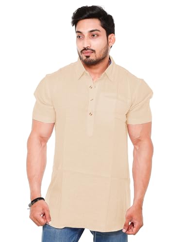 Image of Mens Cotton Linen Half Sleeve Plus Size Short Kurta