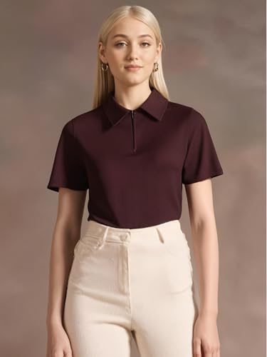Image of Mack Jonney Ribbed |Regular Fit | Half Sleeves 100% Cotton Polo Neck Self Design with Zip T-Shirt for Women-M950