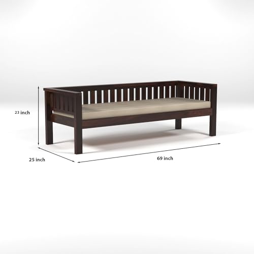 Image of Solid Wood Sheesham 3 Seater Low Height Sofa | Three Seater Sofa for Living Room, Home, Office Furniture with Beige Cushion - Walnut Finish
