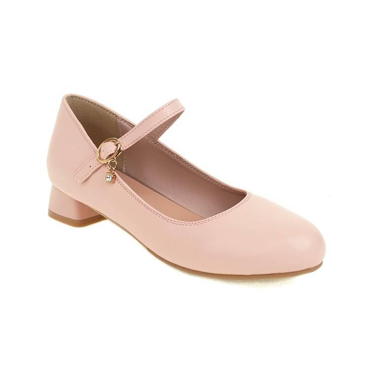 Women Mary Jane Pumps Round Toe Low Block Heels Heels with Belt Buckle