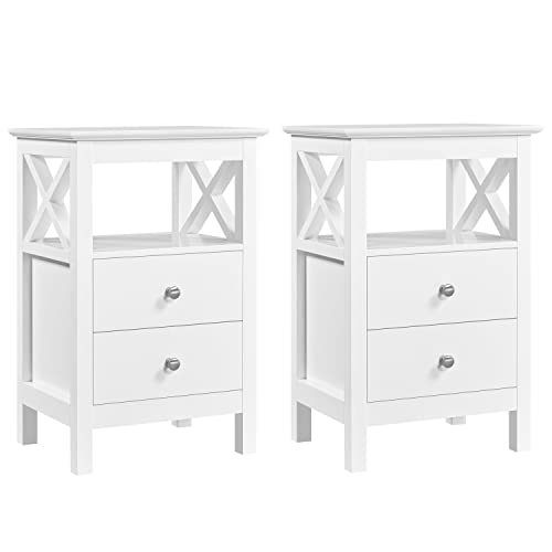 Yaheetech 2er Set Nachttisch Nachtschrank mit 2 Schubladen und 1 Offene Ablagefach Nachtkommode X-förmige Stütze Couchtisch Beistelltisch aus Holz Sofatisch für Schlafzimmer, 40 × 30 × 60 cm Weiß