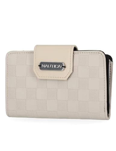 Image of Nautica Womens, Close Reach Vegan Leather RFID Wallet, Small Credit Card Holder Purse with Zipper Coin Pocket and ID Window in Bone Check