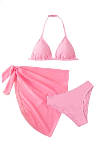 Image of SOLY HUX Girl's Summer Swimsuit Set Floral Halter Triangle Bikini Set with Wrap Skirts Beachwear