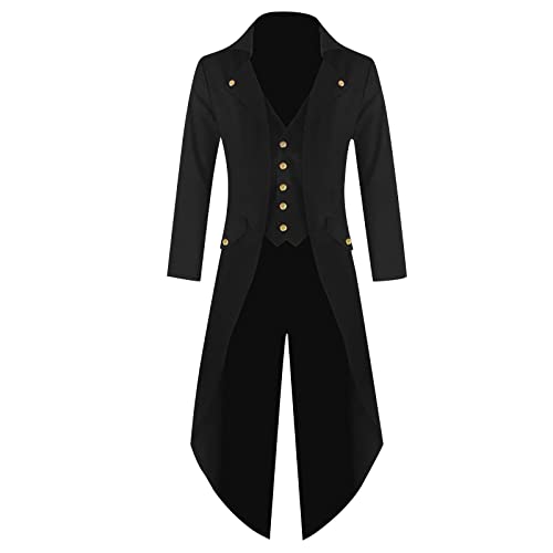 Deguisement Halloween Adulte Veste Queue de Pie Homme Gothiques Steampunk Vintage Manteau Long Homme Marque Classique Pas Cher Manteau Gothique Homme Slim Fit Casuals Costume Halloween Noir XXL